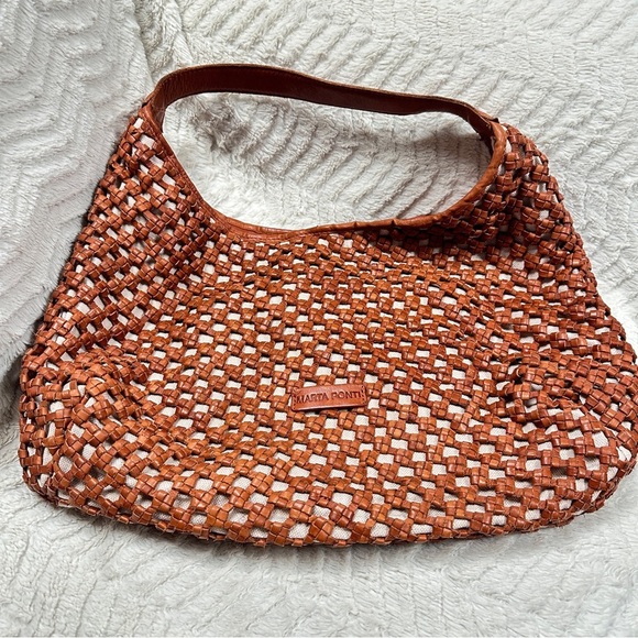 marta ponti Handbags - Marta Ponti Portugal | Large Rich Carmel Brown Genuine Woven Leather Hobo Bag